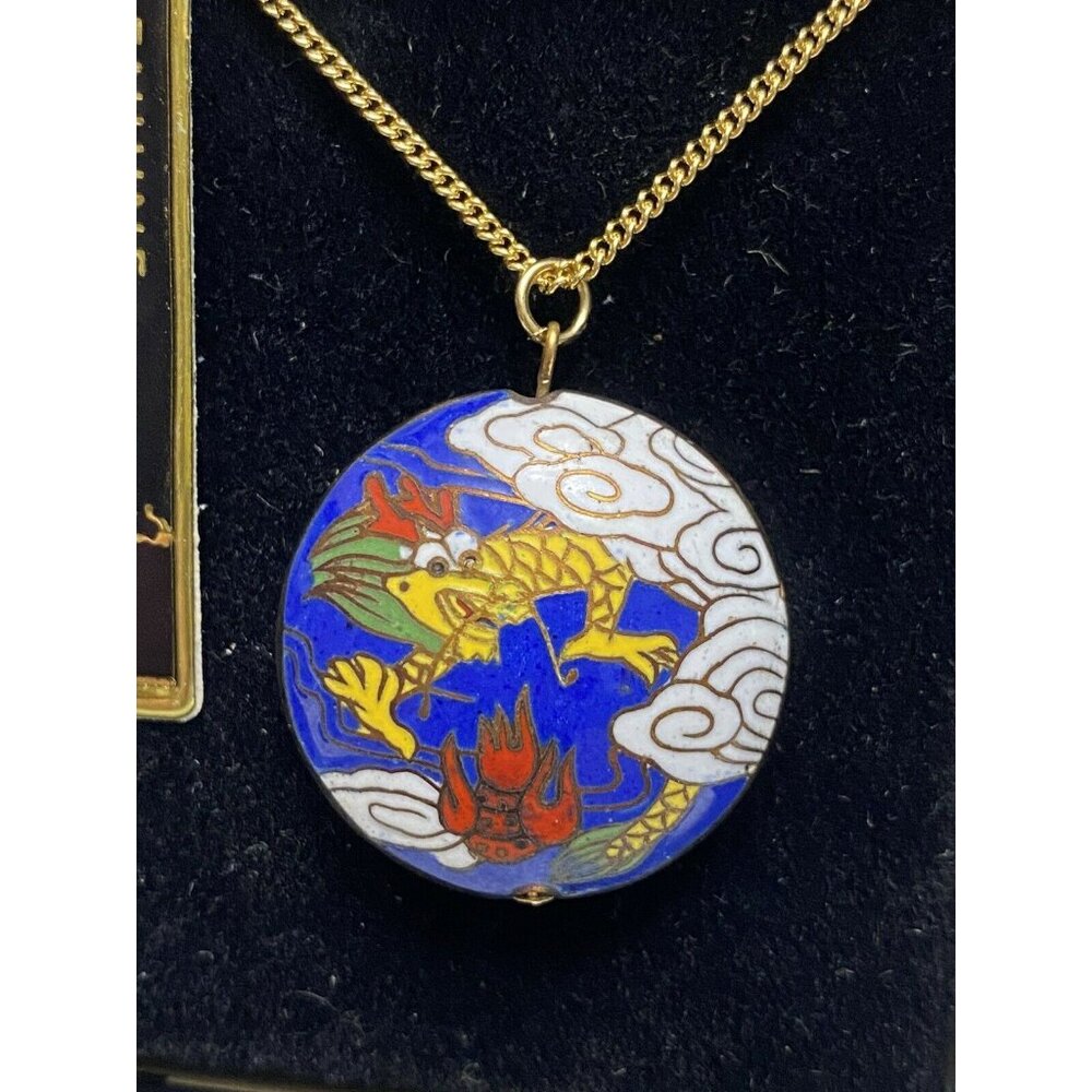 Genuine Cloisonné Dragon Pendant Necklace With Gold-Tone Chain In‎ Gift Box